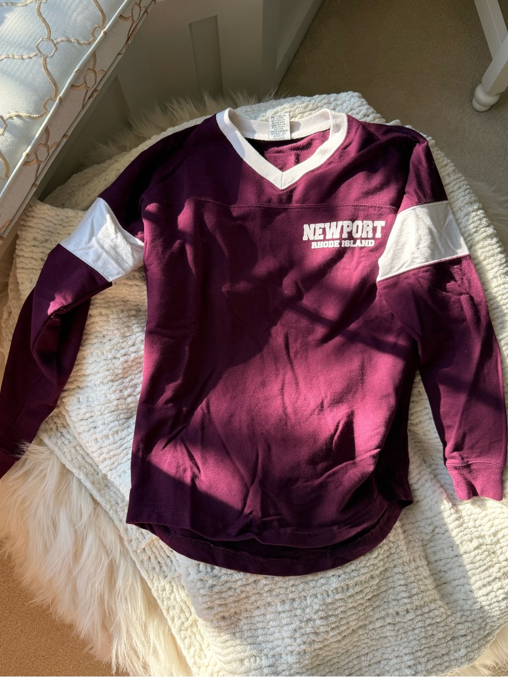 Newport RI Women’s V-Neck Long Sleeve Top - Burgundy & White